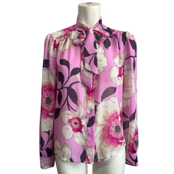 WORTHINGTON pink & fuschia maximalist floral blouse with neck tie women’s medium - Picture 1 of 12